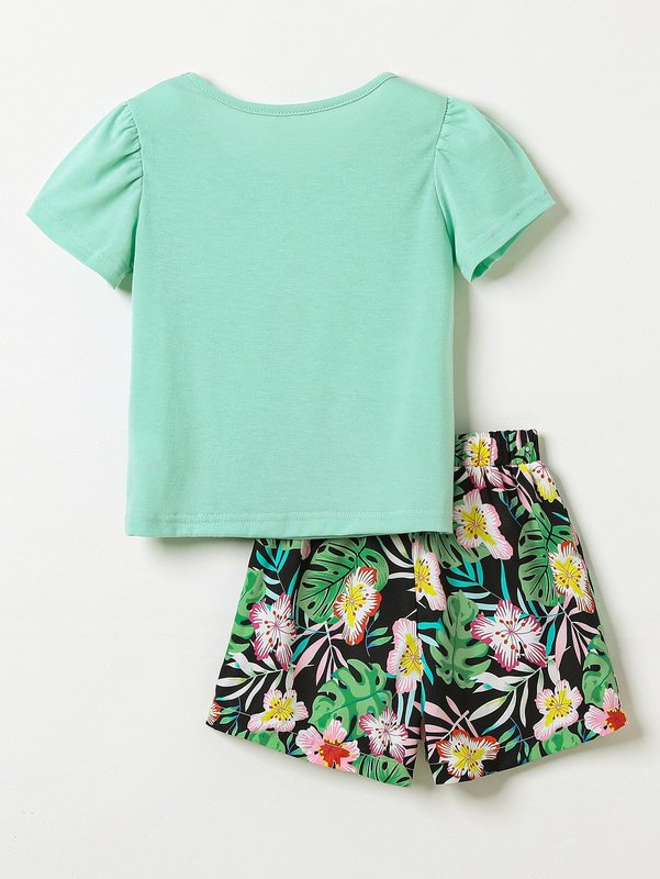 Toddler Girls Puff Sleeve Tee & Tropical Print Shorts SHE