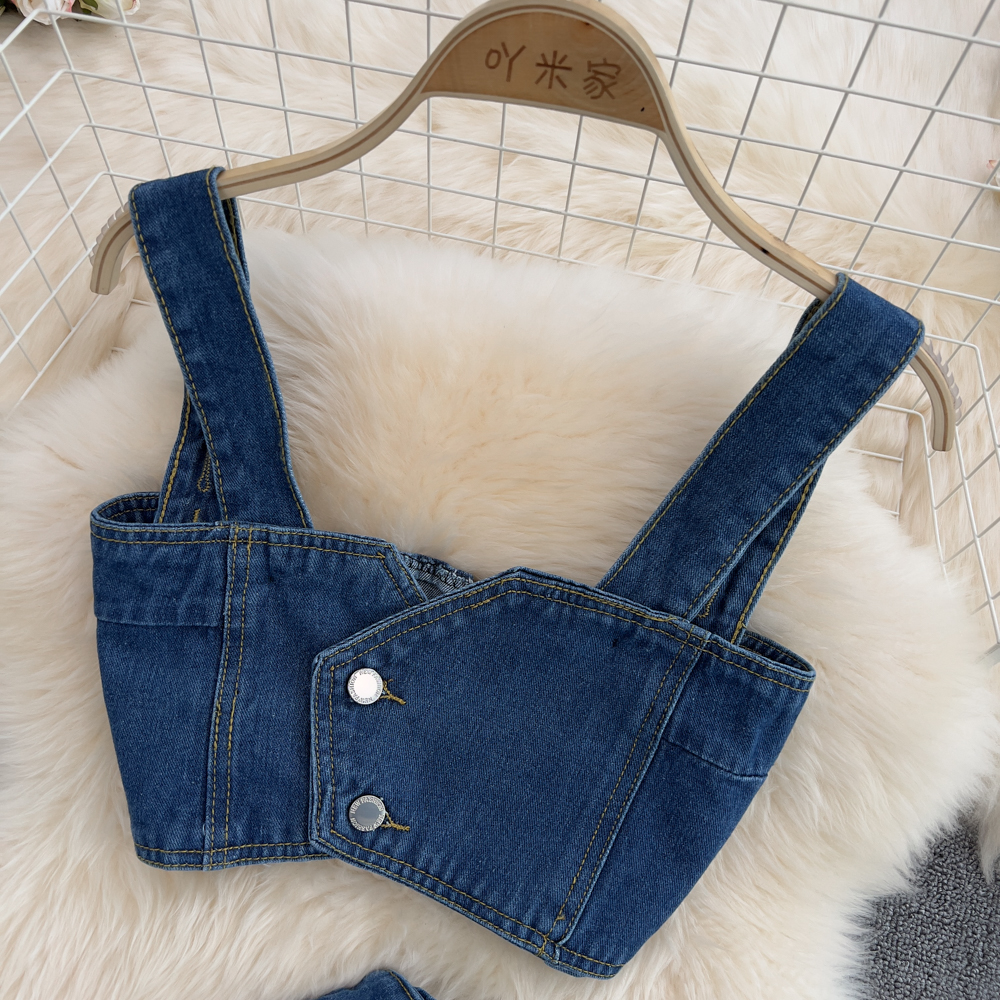 New design womens short spaghetti strap denim jeans bustier vest and wide leg long pants 2 pcs twinset SML
