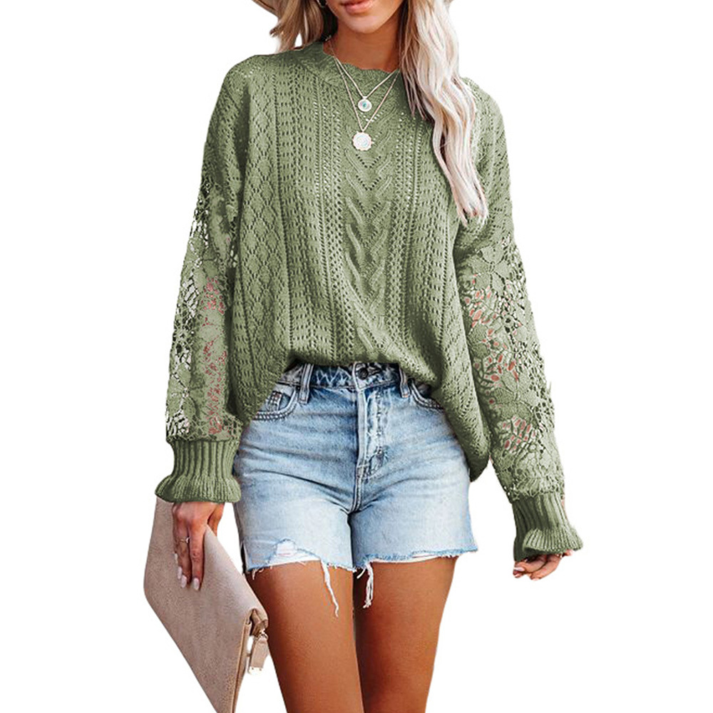 2022 Solid Color Hollow Out Lace Knited Sweater Casual Long Sleeve Women O-Neck Pullovers Fall Jumpers, Green
2022 Solid Color Hollow Out Lace Knited Sweater Casual Long Sleeve Women O-Neck Pullovers Fall Jumpers, Green