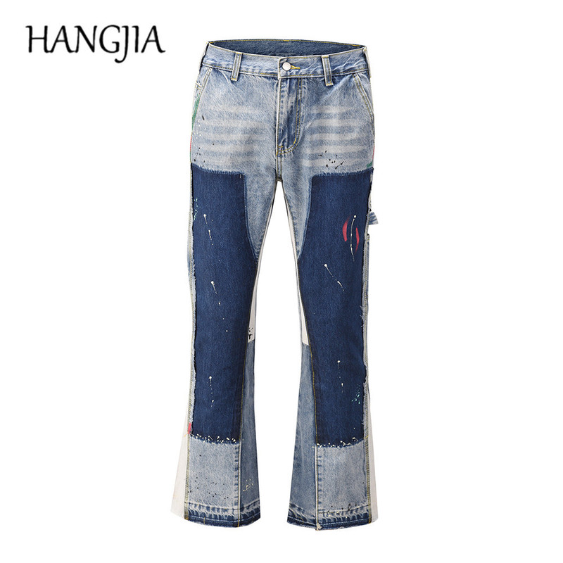 Distressed Splash Ink Flare Jeans Urban Streetwear Patch Mens Graffiti Flared Hip Hop Washed Blue Slim Fit Denim Pants Men 220408