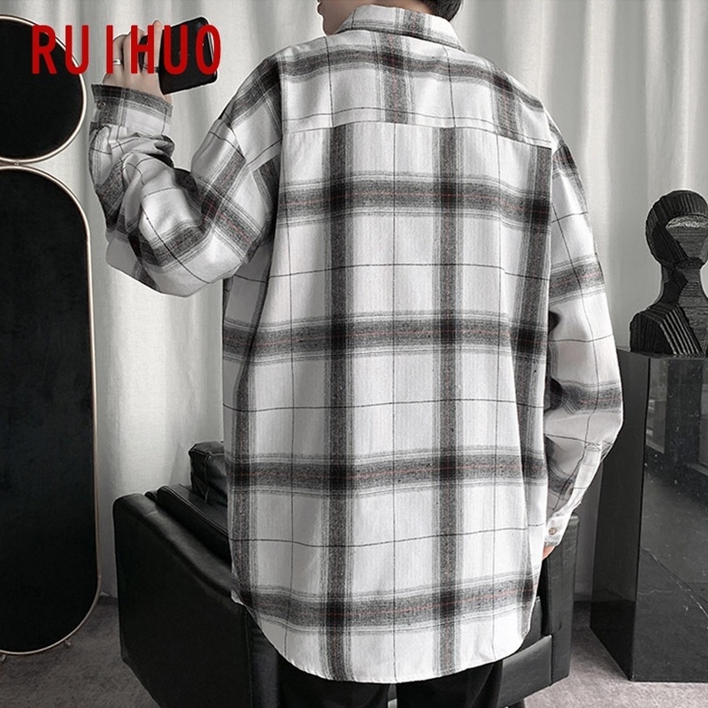 RUIHUO Plaid Shirts For Men Clothing Fashion Long Sleeve Shirt Harajuku s Casual Slim Fit M-3XL 220322