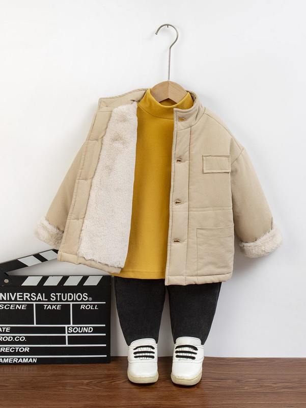 Toddler Boys 1pc Double Pocket Fuzzy Cuff Drop Shoulder Coat SHE