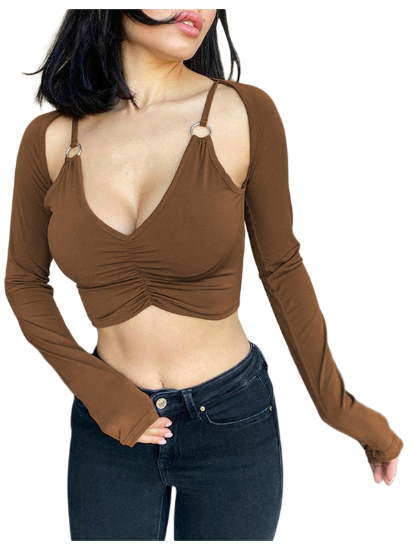 Fashion Women Crop Top T Shirts Solid Long Sleeve Deep V Neck Cropped Navel Shirt Blouse Party Spring Fall Clothes 220714