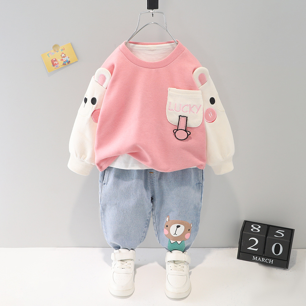 Spring Autumn Children Girls 2PCS Clothing Set Embroidery Cartoon Cotton Sweatshirts Jeans Pants Baby Girls Clothes Suit