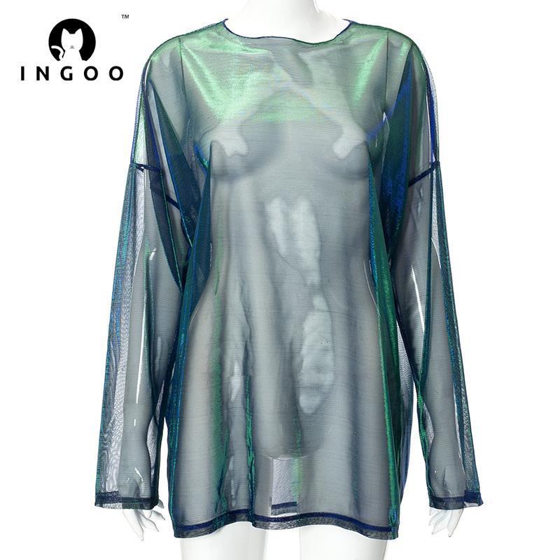INGOO Green Shiny Cyber Punk T-Shirts Women Night Club Sexy Mesh See Through Long Sleeve Loose Tops Black Y2k Fashion Streetwear 220516