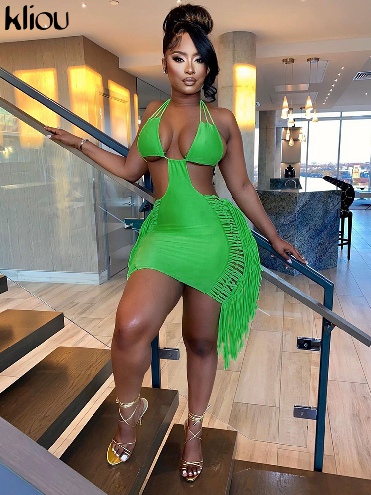 Kliou Tassel Hollow Out Mini Dress Women Sexy Halter Sleeveless Cleavage Backless Lace Up Sheath Skirt Party Clubwear Lady mujer 226014