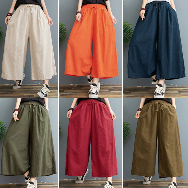 Plus Size Cotton Linen Pant Spring High Waist Calf-Length Wide Leg Casual Summer Trouser's Streetwear 220325