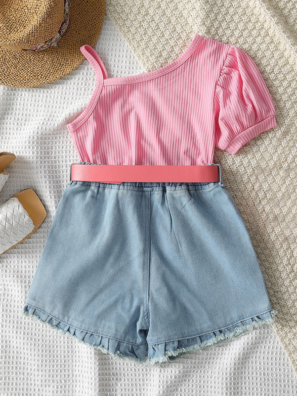 Toddler Girls Asymmetrical Neck Top & Raw Trim Belted Denim Shorts SHE