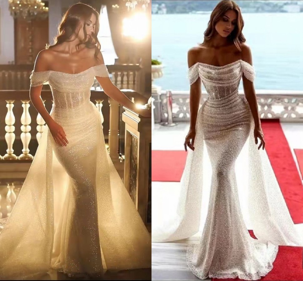 Glitter Mermaid Sequin Wedding Dress Detachable Train Off The Shoulder Tulle Bridal Gowns Boho Vestido De Novia