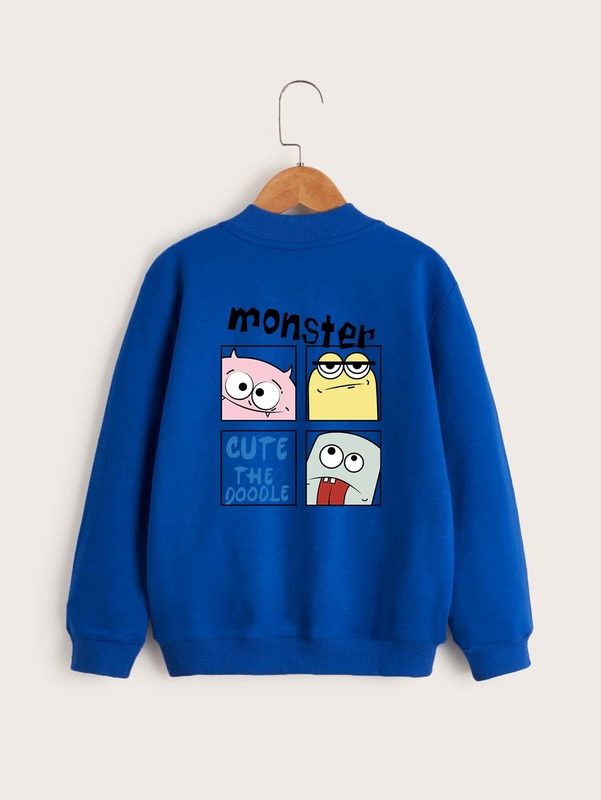 Toddler Boys Slogan & Cartoon Graphic Zipper Pocket Detail Bomber Jacket SHE