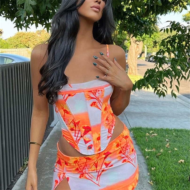Two Piece Set Women Print Beach Outfits Sexy Spaghetti Strap Backless Top High Split Mini Skirts Suits Summer Y2k Clothes 220602