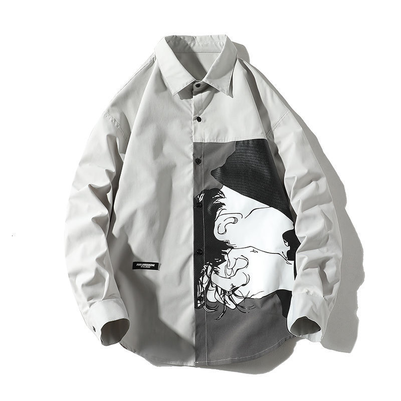 Men's Printing Long Sleeve Cargo Shirts Camisa Masculina Streetwear Lapel Collar Clothes Grey/black Nice Size M-5XL 220322