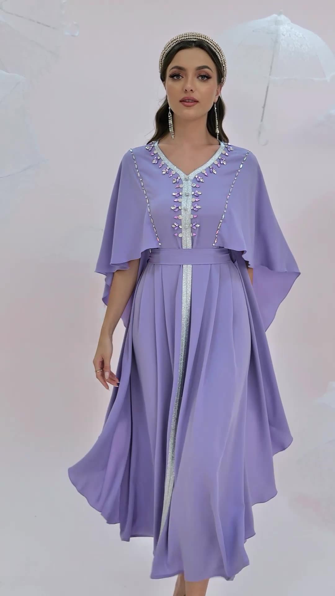 Muslim Lilac Caftan Marocain Evening Dress 2022 With Caped Sleeves Sexy V Neck Abaya Dubai Prom Dresses Elegant Formal Party Vestidos De Robe Midi Abi