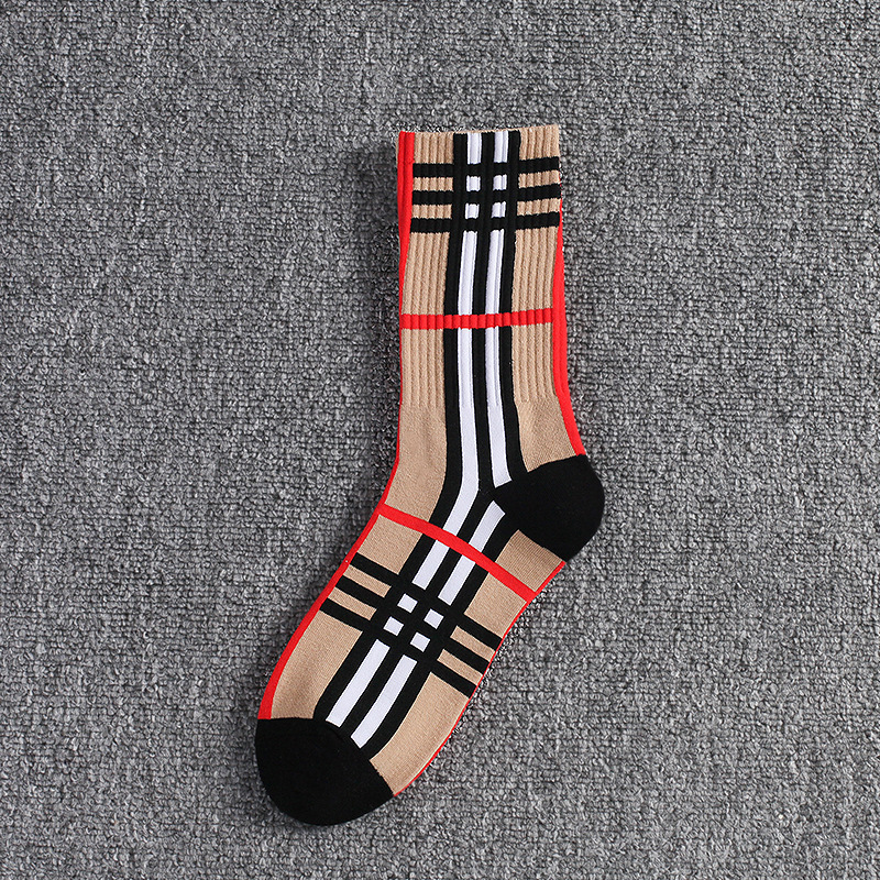 Trendy Plaid Socks Striped Brown Cotton Comfortable Socks Women Street Versatile Casual Sports Socks