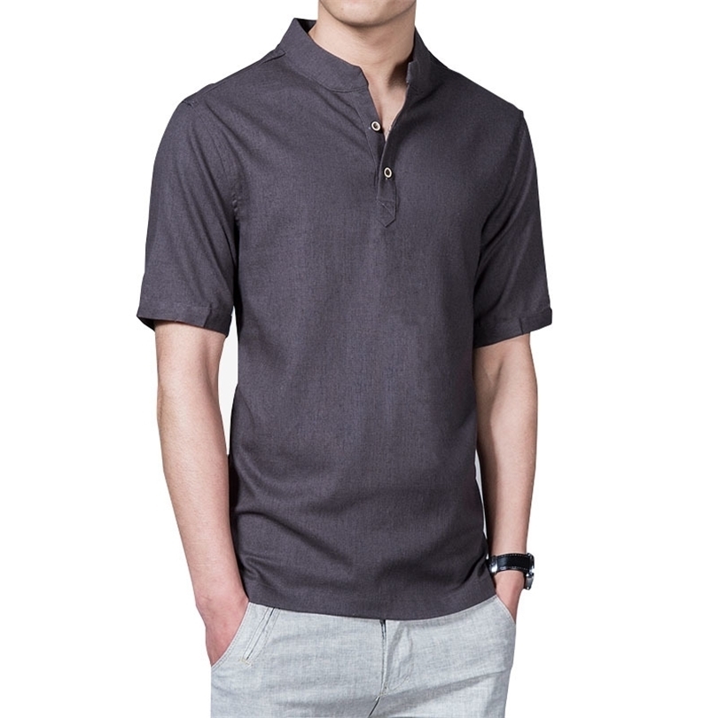 Fashion Summer Shirts Men Short Sleeve Mandarin Collar Men Linen Shirt Breathable Solid Color Casual White Shirts 4xl 5xl 210412