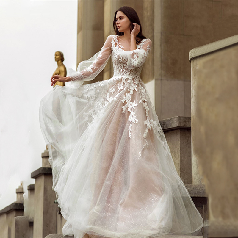 Sexy A-e Dresses Long Sleeves V Neck Appliqued Sequins Sweep or Length Hollow Elegant Tulle Lace Boho Wedding Gowns Plus Size
