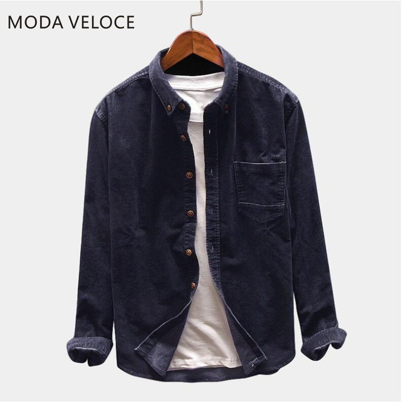 MODA VELOCE Flannel Shirt Men Long Sleeve Winter 4 Colors Corduroy Hip Hop Blouse 220322