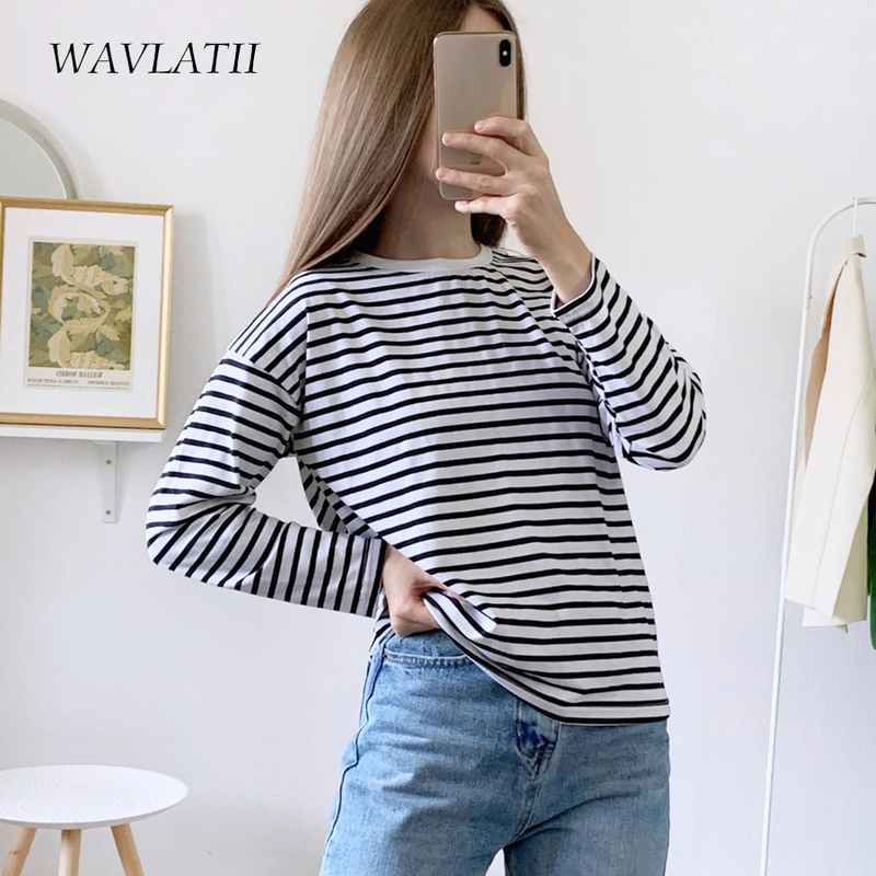 WAVLATII Women Striped Long Sleeve T-shirts Female Streetwear Autumn Spring Cotton Tees Tops WLT2110 220328