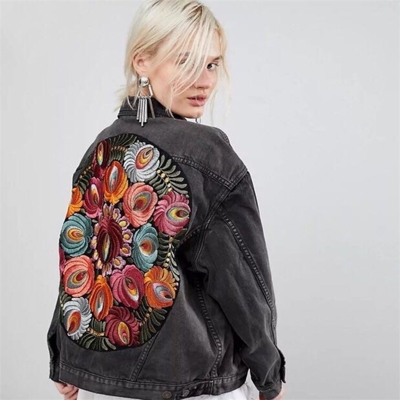 YAMDI Oversized multi floral Embroidered Denim Jacket vintage loose jacket denim coat women new autumn winter boho coat 201019