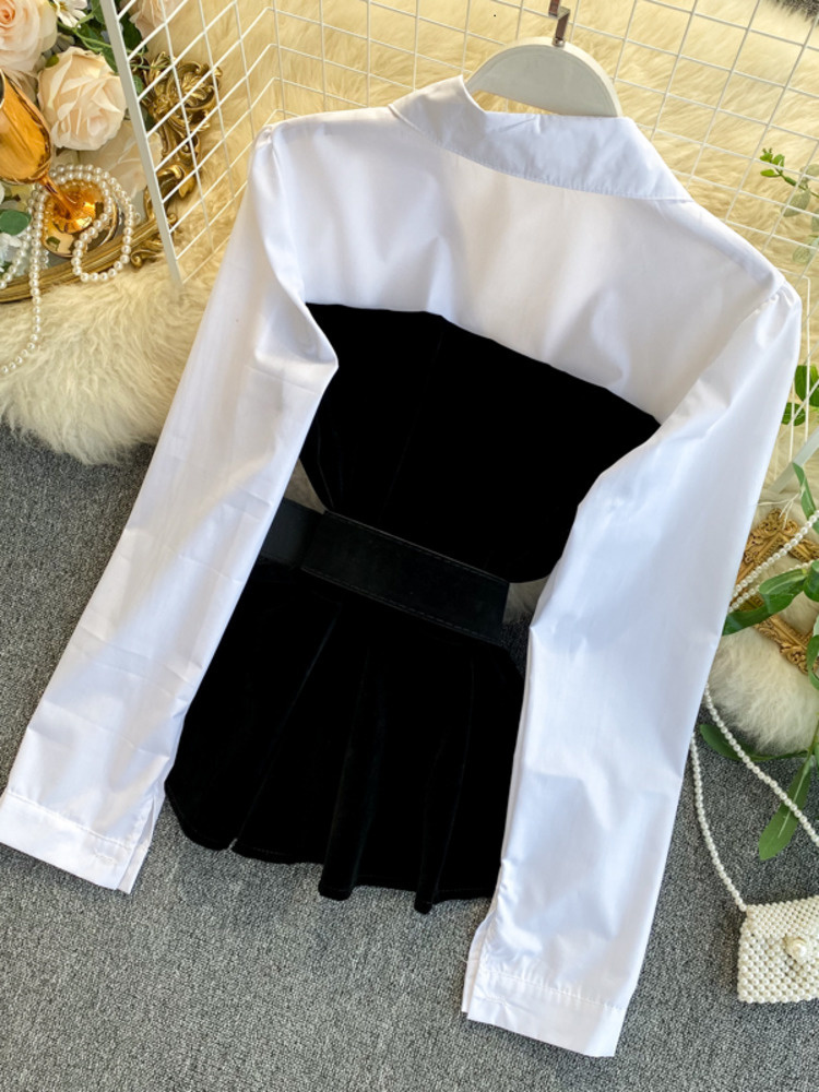 DEAT Autumn Long Sleeve Patchwork Velvet Size Small Tops With Belt High Waist Shorts Two Piece Set Women MH334 220810