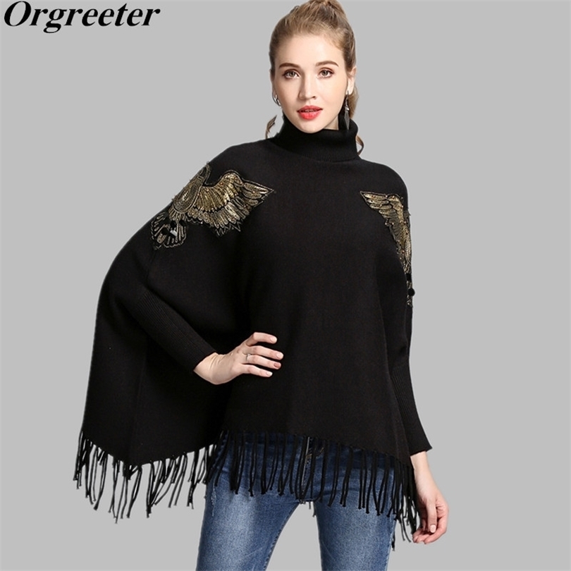 Christmas Women New Embroidery Gold Beading Eagle Cloak Poncho Turtleneck Bat Sleeve Pullover Sweater Tassel Knit Shawl Cape T200128