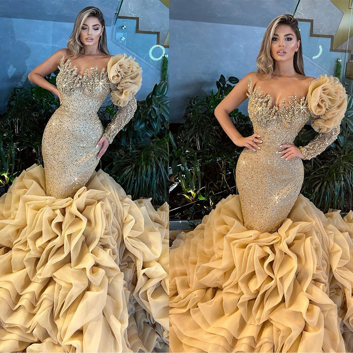 Luxurious Beads Mermaid Evening Dresses One Shoulder Tiered Ruched African Dubai Crystal Prom Dress Formal Party Gowns