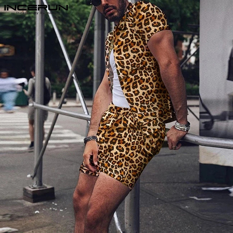 Summer Fashion Men Sets Streetwear Leopard Printed Lapel Short Sleeve Shirt Beach Shorts Hawaiian Suits 2 Pieces INCERUN 5XL 220708