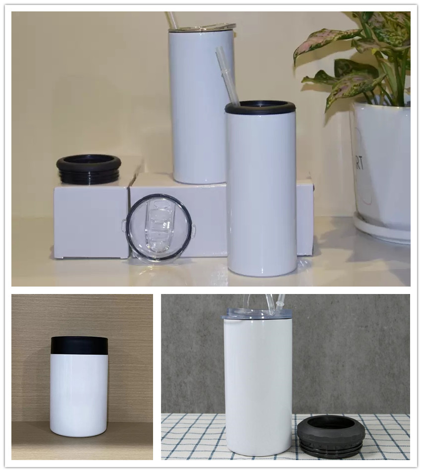 USA Ship Sublimation cooler tumblers 12oz standard seamless 15oz slim duo lids 16oz 4 in 1 can cooler beer Cola Cans Cooler White Stainless Steel Tumb