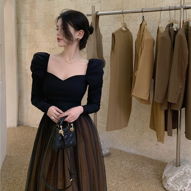 Black Elegant Skirt Suit Women Winter France Vintage Set Woman 2 Pieces Chic Korea Y2k Blouse + Gauze Party Midi 220317