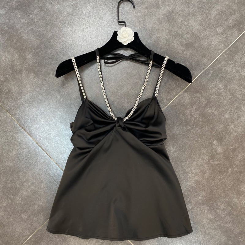 DEAT Spring Arrivals Solid Color Diamond Neck Strap Shoulder Button And Bow Sexy Style Vest MZ327 220325