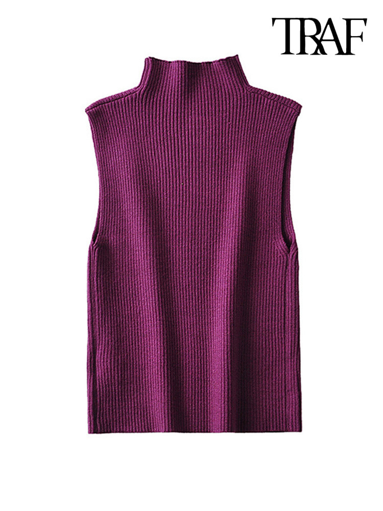 TRAF Women Fashion Fitted Basic Ribbed Knit Tank Tops Vintage High Neck Sleeveless Female Camis Chic Vest Top Mujer 220325