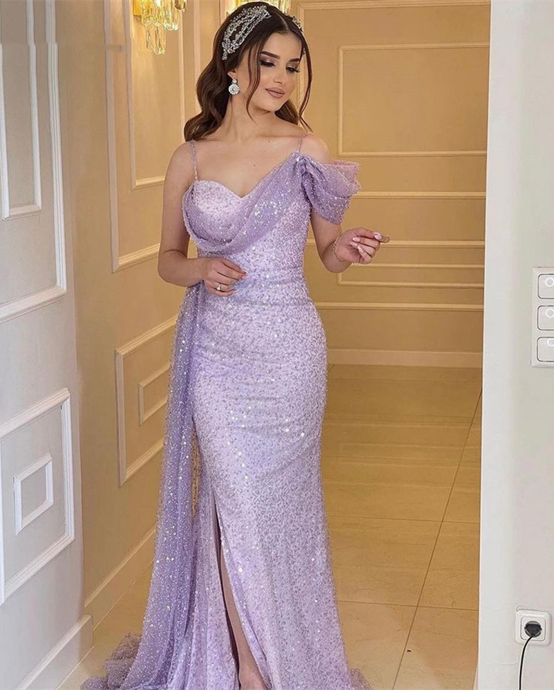 Dubai Glitter Dresses Spaghetti Strap One Shoulder Split Evening Dress Elegant Mermaid Sequins Beading Women Formal Party Gowns Lz0304