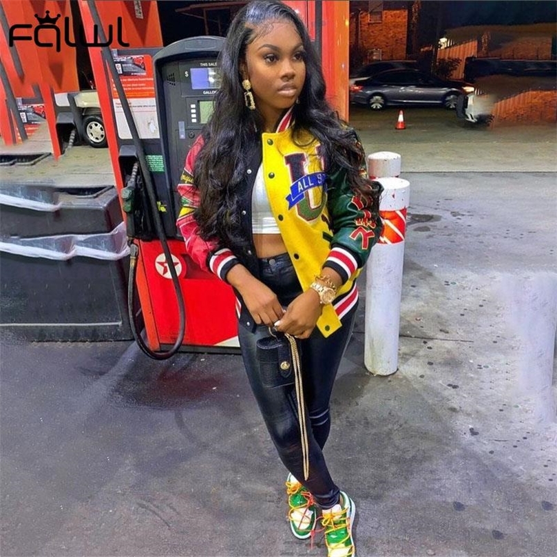FQLWL Fall Winter Print Patchwork Yellow Jackets For Women Long Sleeve Varsity Jacket Buttons Loose Baseball Jacket Women 220722