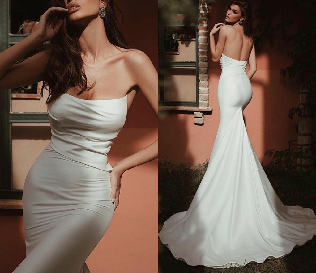 Simple Satin Mermaid Wedding Dresses Strapless Trumpet Bridal Gowns Sexy Backless Brides Dress Chic Robe De Mariee Custom Made 2022
