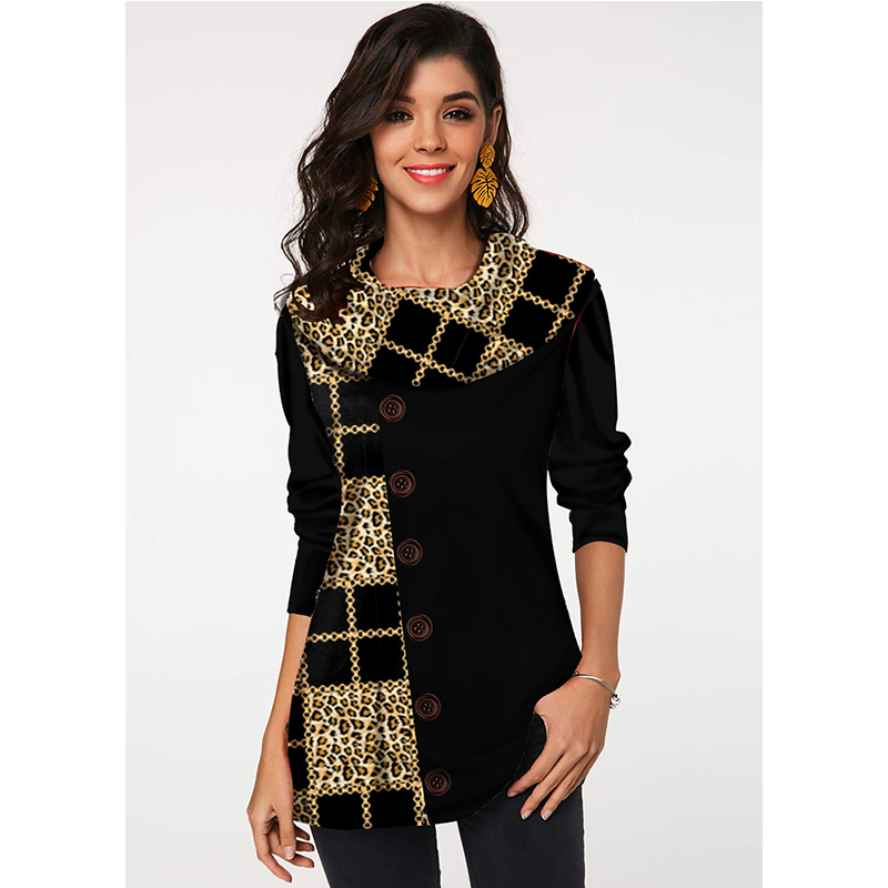 Spring Patchwork Printing Button Vintage T shirt Female Clothing Long Sleeve Fashion Top s Tunics Oversized shirts 5XL 220728