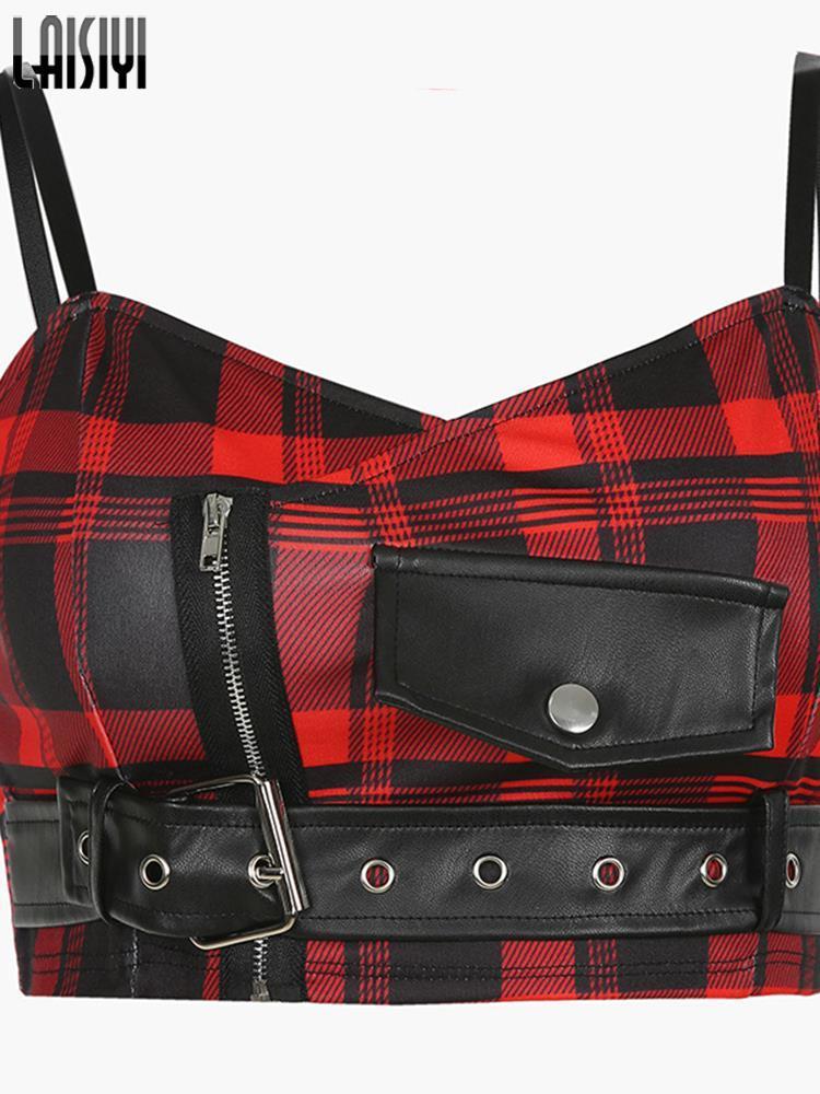 Sexy Straps Tank Top Women Gothic PU Red Plaid Streetwear Sashes Belt Zipper Punk Girl Summer Casual Crop Tops Camis 220325