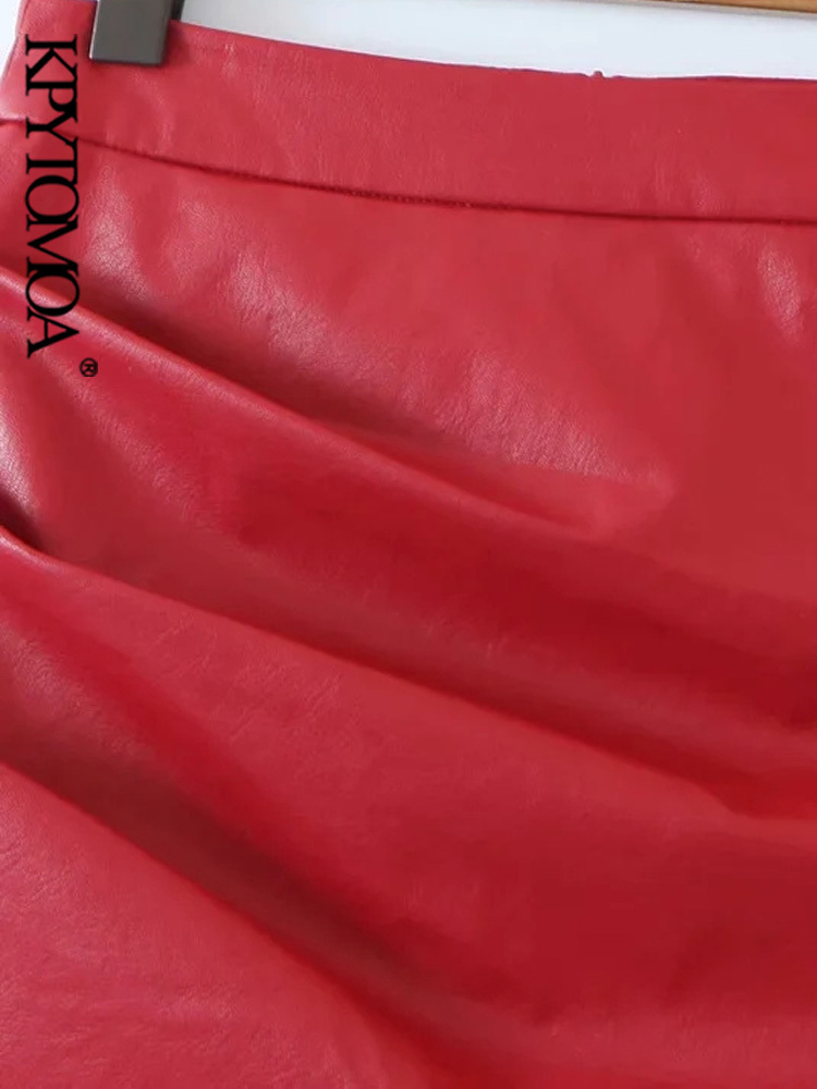 KPYTOMOA Women Chic Fashion Faux Leather Pleated Asymmetrical Mini Skirt Vintage High Waist Back Zipper Female Skirts Mujer 220317