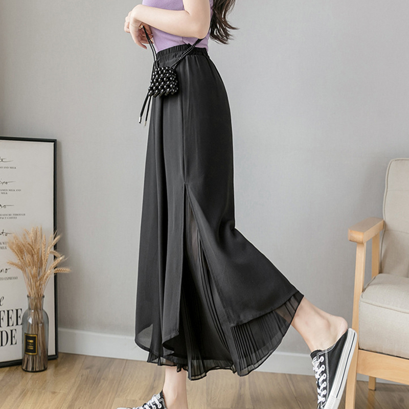 Spring Summer Style Pleated Chiffon Wide Leg Pants Fashion High Waist Drape Elegant Ankle-length Pants Skirt Trousers