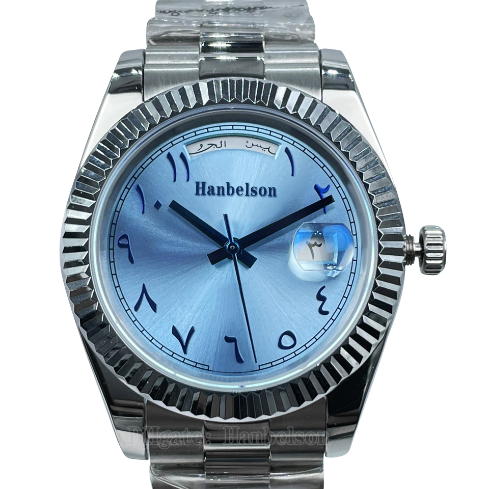 Mens watch Blue Arab middle eastern numbers dial Automatic movement date day Sapphire glass 316L steel case 41mm Uhr, 5.diamond scale dial
Mens watch Blue Arab middle eastern numbers dial Automatic movement date day Sapphire glass 316L steel case 41mm Uhr, 5.diamond scale dial