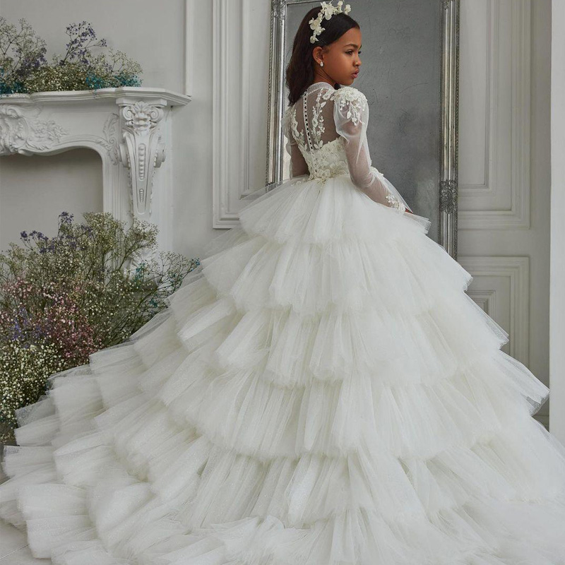 White Flower Girls' Dresses Birthday Party Gown Lace Ruffles Appliques Sequins Tulle Lace Rufflls Long Sleeves High Neck Appliqued Floor Length C