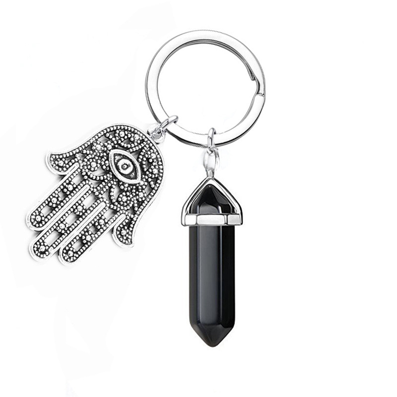 Natural Hexagonal Column Stone Keychain Key ring Fatima Evil Eye Palm Key Chain For Women Men