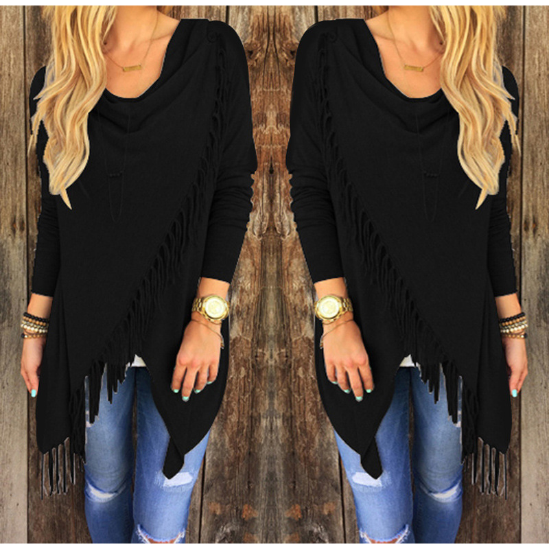 XS-3XL Autumn Elegant Tassel Solid Top Women Turtleneck Long Sleeved Coat Slim Casual T-shirt Classic Mid Length Slash Tees 220321