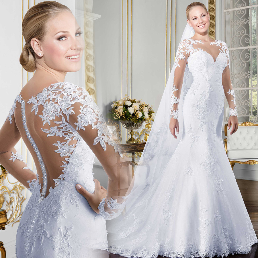 Luxury Crystals Mermaid Wedding Dresses Long Sleeves Illusion Lace Applique Sequins High Neck Custom Made Plus Size Wedding Gown vestidos, White
Luxury Crystals Mermaid Wedding Dresses Long Sleeves Illusion Lace Applique Sequins High Neck Custom Made Plus Size Wedding Gown vestidos, White