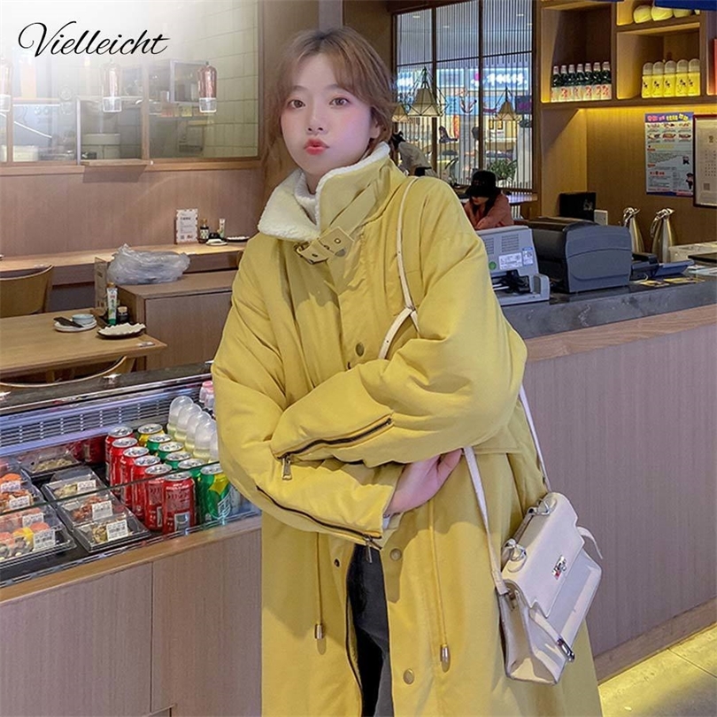 Vielleicht New Casual Wool Liner Parka Coat Fashion Single Breasted Adjustable Waist Winter Jacket Women Long Warm Parkas 201019