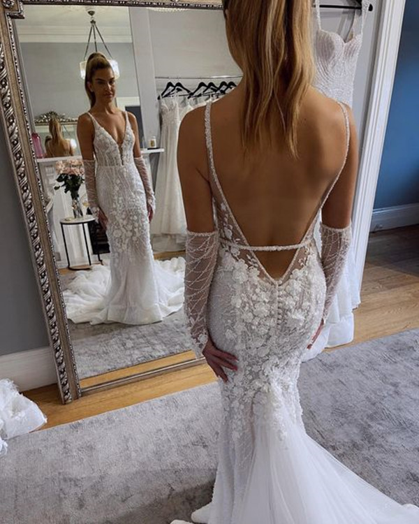 Pallas Couture Beach Mermaid Wedding Dresses with Long Sleeve Floral Lace Sexy Backless V-neck Bridal Gown Summer Holiday Abito sposa curvy