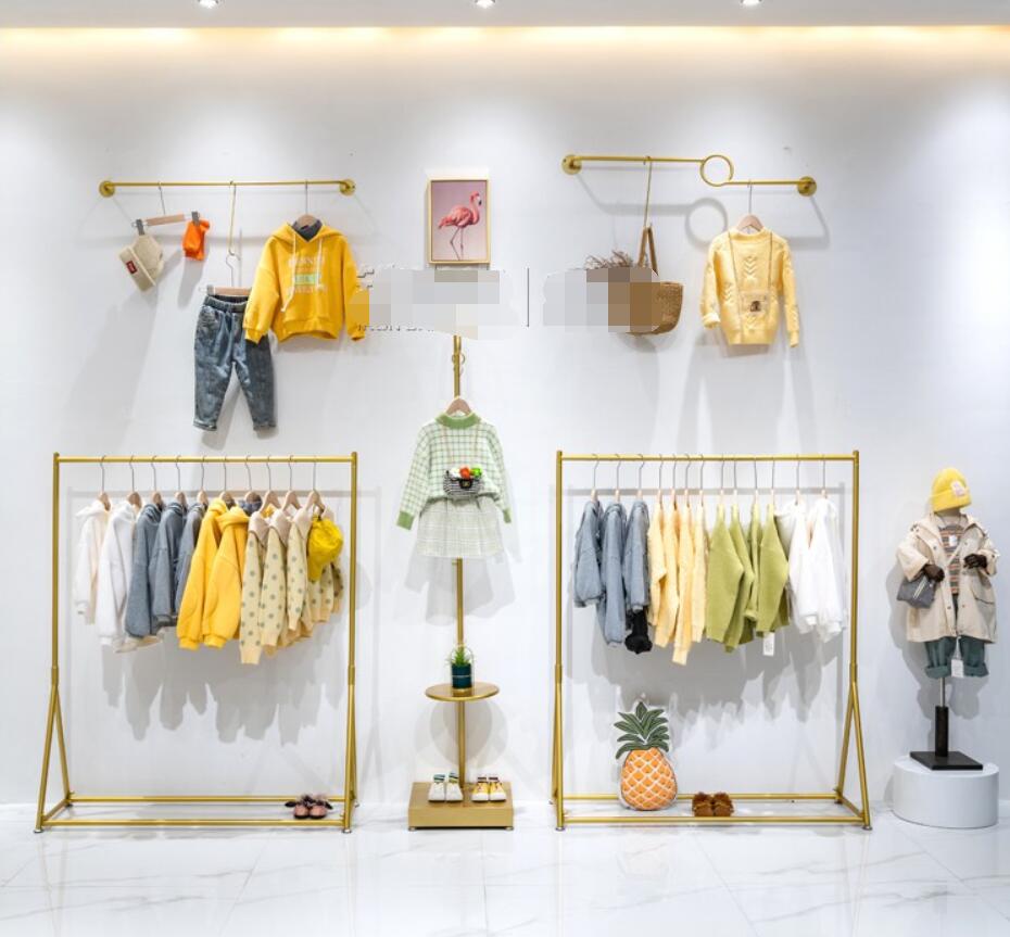 Children's clothing store display shelf Bedroom Furniture floor type golden shelfs baby clothes hanger clothing shop racks kids cloth rack
