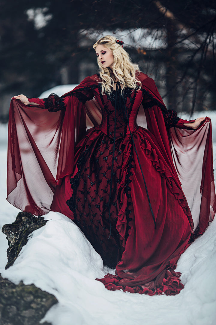 Vintage Burgundy And Black Medieval Wedding Dress Renaissance Victorian Gothic Bridal Ball Gowns Off The Shoulder Long Sleeve Wedding Dresses