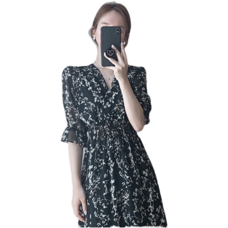 Vintage Korea Fashion Clothing Summer Slim Elastic Waist A Line V Neck Elegant Office Lady Floral Chic Chiffon Long Dress Retro 220510