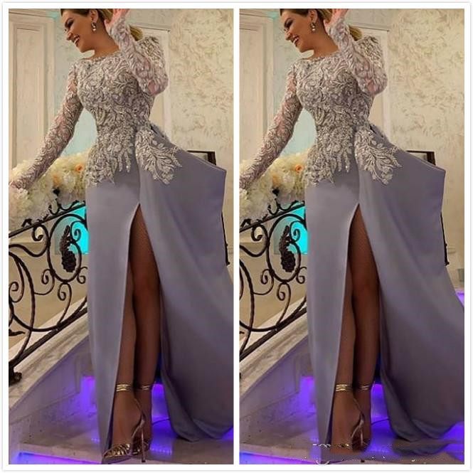 Arabic 2022 Aso Ebi Vintage Lace Beaded Evening Long Sleeves Prom Dresses High Split Formal Party Second Reception Gowns