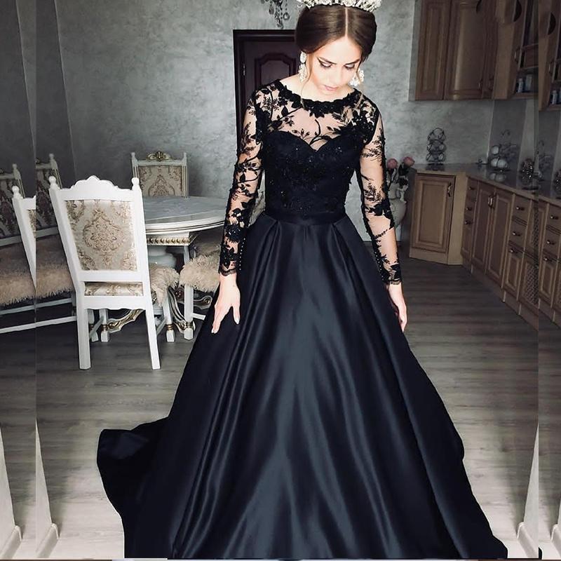 Party Dresses Black Evening Dress Long Sleeve A-Line O-Neck Satin Sweep Train Lace Appliques Button Women Elegant Prom Gowns 2022Party
Party Dresses Black Evening Dress Long Sleeve A-Line O-Neck Satin Sweep Train Lace Appliques Button Women Elegant Prom Gowns 2022Party